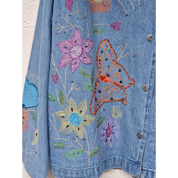 VTG Tantrums Embroidered Floral Denim Jacket Sz L Butterflies 90s Hippie Boho - Picture 4 of 16